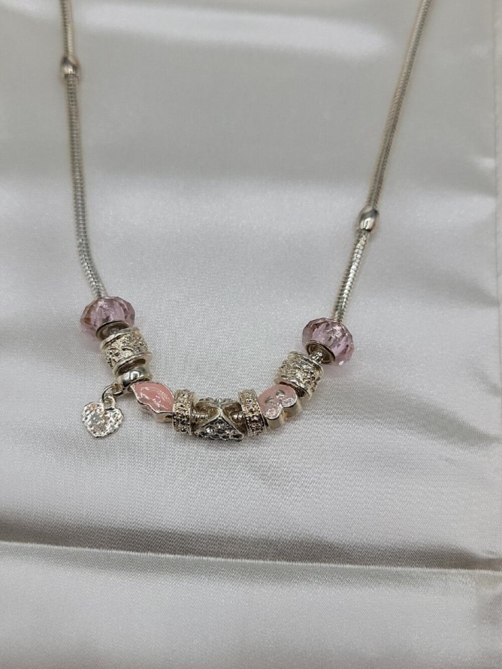 Friedmans Jewelers Breast Cancer Slide Necklace Silver Tone Charm Bead 18" Chain - Picture 14 of 15